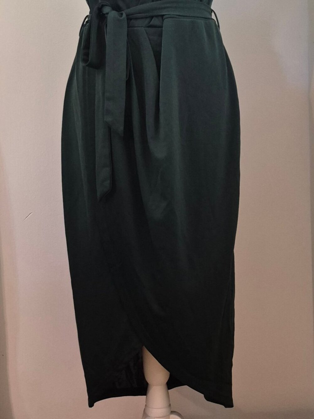 One‎ Shoulder Midi Dress Dark Green Asymmetrical Wrap Hem Tie Waist 14 Old Money - Picture 10 of 10